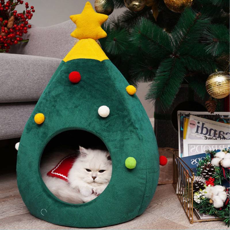 Maison Chat Forme Sapin de Noël – Lit Chaud et Lavable