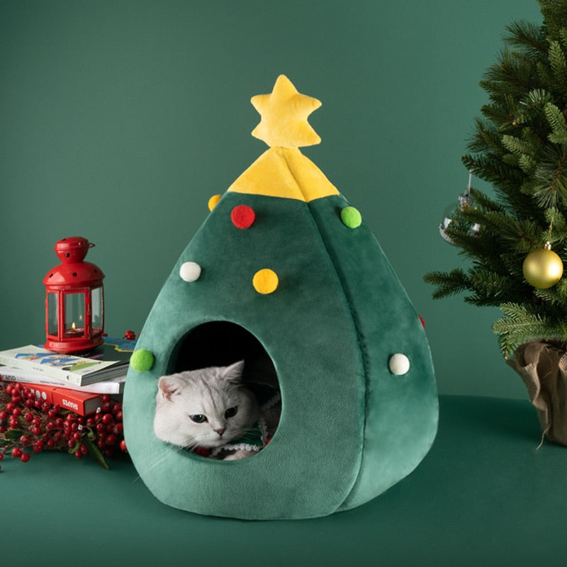 Maison Chat Forme Sapin de Noël – Lit Chaud et Lavable