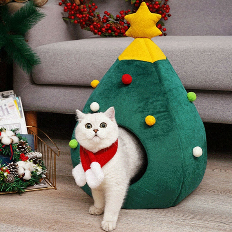 Maison Chat Forme Sapin de Noël – Lit Chaud et Lavable
